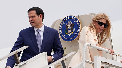United States Secretary of State Marco Rubio and his wife Jeanette board their plane for New Delhi at Netaji Subhash Chandra Bose International Airport in Kolkata, India, Saturday, May 23, 2026.