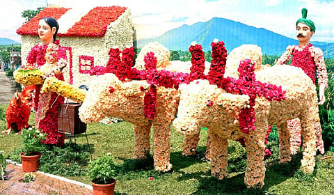 A farm-themed setup with models of farmers and cattle on display at Anna Park during the Yercaud Flower Show.