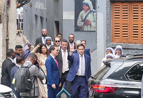 US Ambassador to India Sergio Gor and US Secretary of State Marco Rubio visit Mother House, the headquarters of Saint Teresa's Missionaries of Charity, in Kolkata, West Bengal, Saturday, May 23, 2026. Rubio arrived in Kolkata, marking the opening leg of his maiden four-day visit to India.