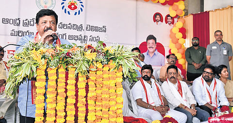 Cinematography Minister Kandula Durgesh speaking at the swearing-in ceremony of APSFTVTDC Board members in Vijayawada on Sunday