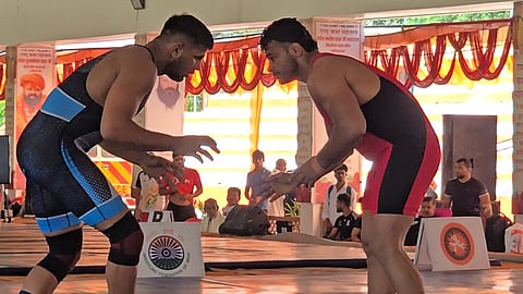 Deepak Punia (R) in action during the Senior Open Ranking Tournament in Gonda, Uttar Pradesh