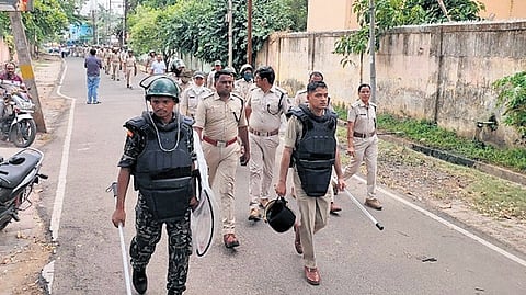 Police conducting a flag-march in Rayagada town on Saturday
