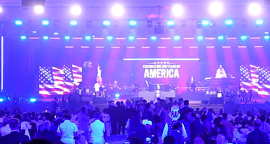 US President Donald Trump on Saturday made a surprise live video appearance at an event in Delhi attended by US Secretary of State Marco Rubio.