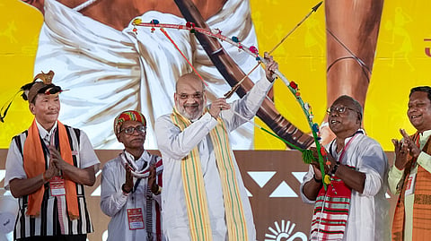 Union Home Minister Amit Shah during the Janjati Sanskritik Samagam, marking the 150th birth anniversary celebrations of tribal icon Birsa Munda, at Red Fort in New Delhi, Sunday, May 24, 2026.