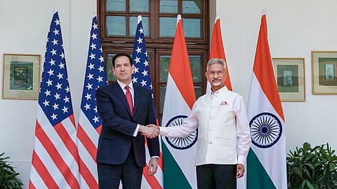 Union External Affairs Minister S Jaishankar, right, and US Secretary of State Marco Rubio exchange a handshake during a bilateral meeting, at Hyderabad House, in New Delhi.