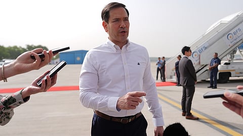 United States Secretary of State Marco Rubio speaks to the journalists before boarding his plane at Indira Gandhi International Airport in New Delhi, India, Monday, May 25, 2026.