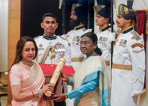 President Droupadi Murmu confers the Padma Vibhushan to veteran actor Dharmendra posthumously, received by BJP MP Hema Malini