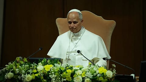 Pope Leo XIV attends the presentation of his first encyclical, “Magnifica humanitas: On Safeguarding the Human Person in the Time of Artificial Intelligence,” at the Vatican, Monday, May 25, 2026.