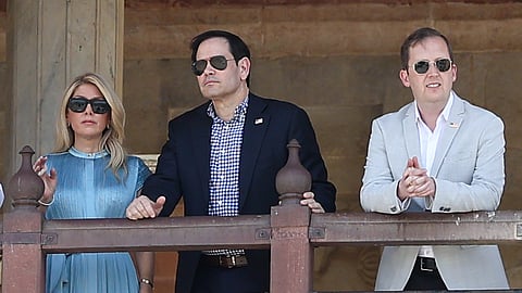 United States Secretary of State Marco Rubio with his wife Jeanette Rubio and US Special Envoy for South and Central Asia and Ambassador to India Sergio Gor, right, during their visit to Amer Fort, in Jaipur district, Monday, May 25, 2026.