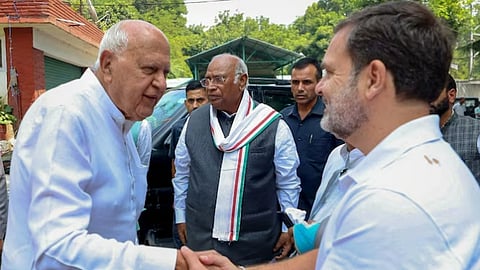 NC Chief Farooq Abdullah with Congress leaders Mallikarjun Kharge and Rahul Gandhi