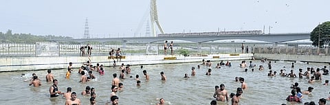 People take a dip in a public swimming pool on the Yamuna bank to escape sweltering heat