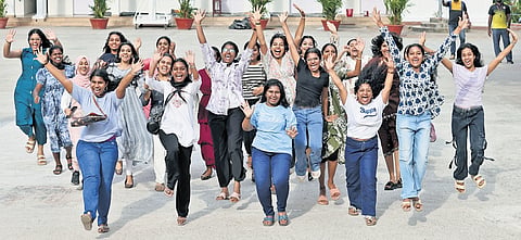 Students of Carmel Girls HSS, Thiruvananthapuram, celebrating their success in the Plus-II examination on Tuesday