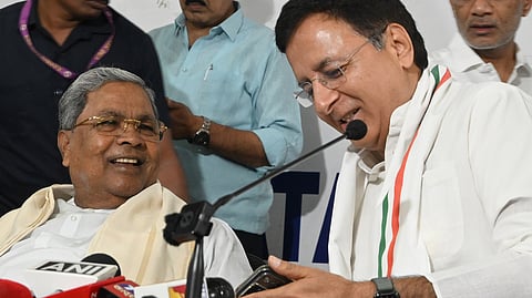 Minister Siddarmaiah with AICC General Secretary and Karnataka incharge Randeep Surjewala addressing press meet on Petrol price hike and other issues against Central Government at KPCC office in Bengaluru on Monday.