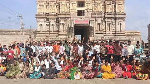 Hundred of locals staged protest in Hampi and opposed shifting of temple elephant Lakshmi on Tuesday in Hampi.