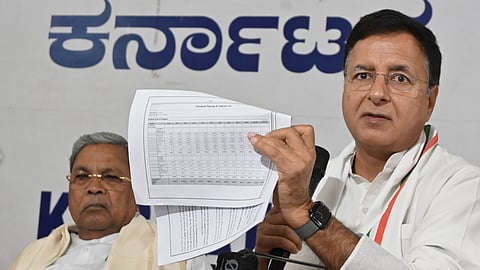 Chief Minister Siddarmaiah with AICC General Secretary and Karnataka incharge Randeep Surjewala addressing press meet on Petrol price hike and other issues against Central Government at KPCC office in Bengaluru on Monday.