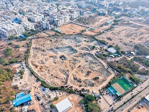 An aerial view of Kokapet Kotha Cheruvu after removal of encroachments