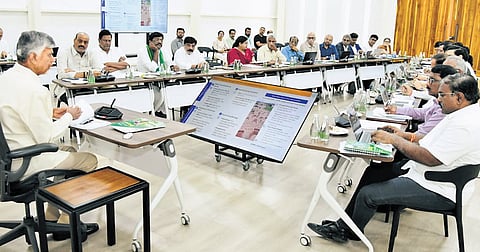 Chief Minister Nara Chandrababu Naidu addressing a review meeting on agriculture and allied sectors at his camp office in Undavalli on Tuesday.