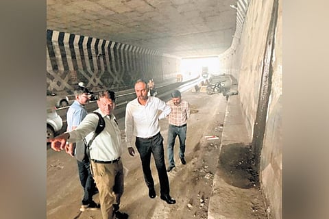 Naveen Kumar Raju, Additional Commissioner, development division, South City Corporation, inspects the Kadirenahalli underpass on Tuesday