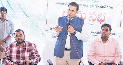 CRDA commissioner V Vijayaramaraju during grama sabha at Mandadam village on Tuesday.