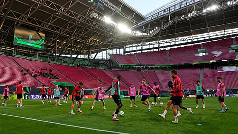 Rayo's players work out during a training session ahead of the Europa Conference League final soccer match between Crystal Palace and Rayo Vallecano in Leipzig, Germany, Tuesday, May 26, 2026.