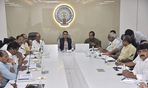 Chief Electoral Officer Vivek Yadav at a meeting with representatives of various political parties at the Secretariat in Velagapudi on Tuesday.