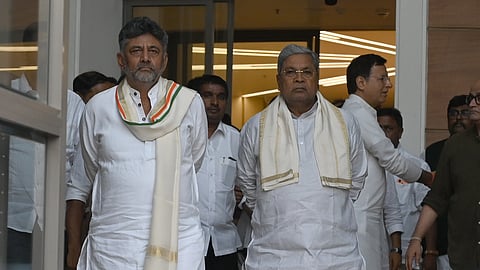 Karnataka Chief Minister Siddaramaiah and state Deputy CM DK Shivakumar, at Indira Bhawan, in New Delhi, Tuesday, May 26, 2026.