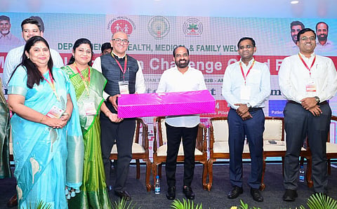Health Minister Y Satya Kumar Yadav presents awards at the AI-based healthcare systems partners conference in Mangalagiri on Tuesday.