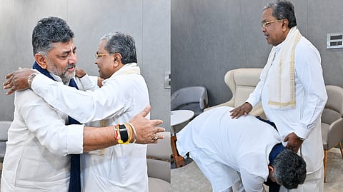 Karnataka Deputy CM DK Shivakumar meets, seeks blessings of CM Siddaramaiah during breakfast meeting.