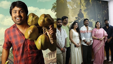 A poster for Lo Naveena (L) and Ashwini Puneeth Rajkumar with the team of the film (R)