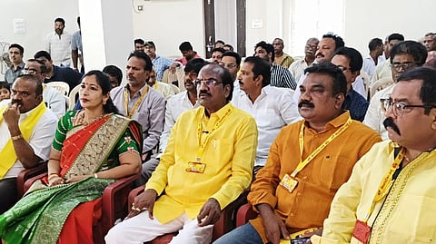 Badeti Chanti and Shaik Noorjahan participating in the Hybrid Mahanadu program organized by the Telugu Desam Party at Aminapeta in Eluru on Wednesday.