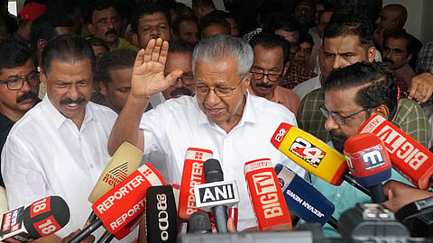 Former Kerala Chief Minister Pinarayi Vijayan addresses the media at his residence after the Enforcement Directorate (ED) conducted raids in connection with the alleged CMRL-linked money laundering case on Wednesday.