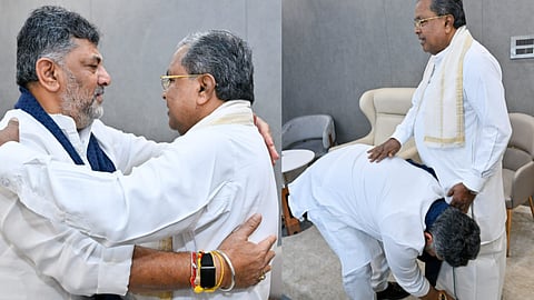 Karnataka Deputy CM DK Shivakumar meets, seeks blessings of CM Siddaramaiah during breakfast meeting.