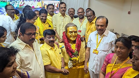 Ongole MP Magunta Srinivasulu Reddy, MLA Damacharla Janardhan Rao and other leaders attend TDP’s Mahanadu inaugural via livestream in Ongole.
