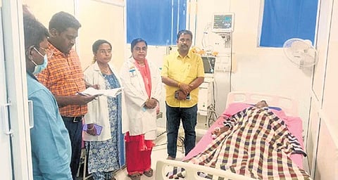Minister Mathan Raja at the Tirunelveli med college hospital on Thursday | Express