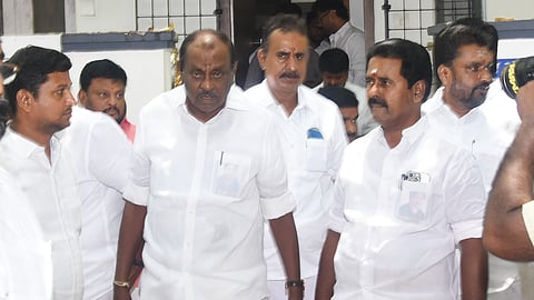 AIADMK MLAs from C VE Shanmugams residence after meeting senior AIADMK leader SP Velumani supporters at MRC Nagar.