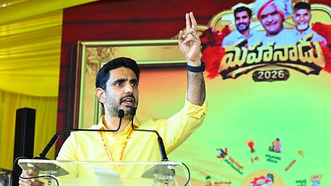 Minister for IT Nara Lokesh during Mahanadu programme at the TDP central party office in Mangalagiri on Wednesday.