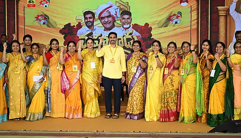 IT Minister Nara Lokesh poses for a picture with TDP women leaders on Day 2 of Mahanadu at the party’s headquarters in Mangalagiri on Thursday.