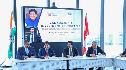 Commerce and Industry Minister Piyush Goyal, along with Canada's Minister of International Trade, Maninder Sidhu, at the 'Canada-India Investment Roundtable'.