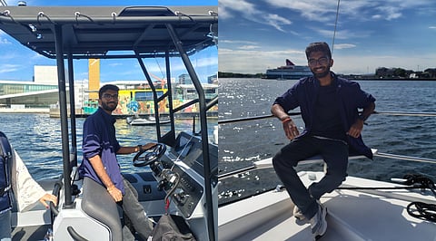 D Gukesh driving a speed boat (on left)