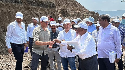 Foreign expert Sean Hinchberger inspecting borrow earth and ongoing ECRF dam works at the Polavaram Project site on Thursday.