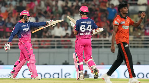 Rajasthan Royals' Vaibhav Sooryavanshi, left, celebrates his half century with Yashasvi Jaiswal during the IPL 2026 Eliminator T20 cricket match between Sunrisers Hyderabad and Rajasthan Royals, in New Chandigarh, Wednesday, May 27, 2026.