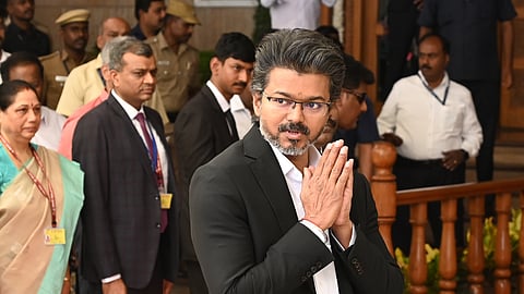 Tamil Nadu Chief Minister and Tamilaga Vettri Kazhagam (TVK) chief C Joseph Vijay arrives at Tamil Nadu Bhavan during his maiden official visit to the national capital since assuming office, in New Delhi, Wednesday, May 27, 2026.