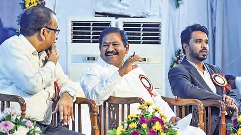 Social Welfare Minister Dola Sri Bala Veeranjaneya Swamy takes part in felicitation of SSC and Intermediate toppers in Vijayawada on Friday.