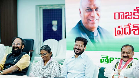 Chief Minister A Revanth Reddy and other Congress leaders during the TPCC PAC meeting at Gandhi Bhavan in Hyderabad on Friday.