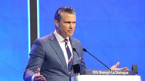 U.S. Defense Secretary Pete Hegseth delivers his address during the Shangri-La Dialogue, Asia's annual defense and security forum, in Singapore, Saturday, May 30, 2026.