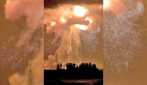A Blue Origin New Glenn rocket explodes during an engine-firing test on Thursday, May 28, 2026, in Cape Canaveral, Fla.