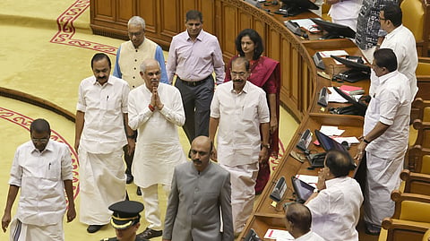 Governor Rajendra Arlekar greets MLAs before his policy address in the assembly on Friday. Chief Minister V D Satheesan, Speaker Thiruvanchoor Radhakrishnan, Parliamentary Affairs Minister Sunny Joseph, Chief Secretary A Jayathilak and State Police Chief Ravada A Chandrasekhar are seen.