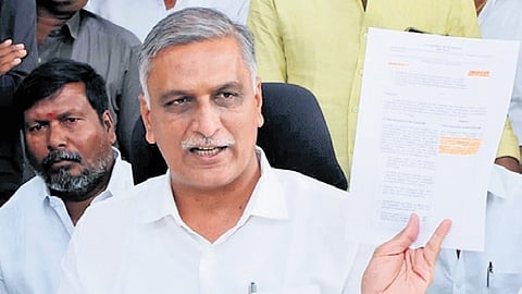 BRS floor leader T Harish Rao speaks to the media at Siddipet on Sunday.