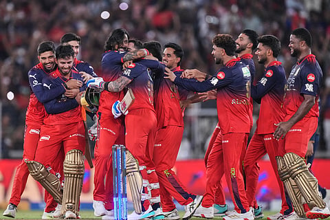 Royal Challengers Bengaluru players celebrate after their win in the Indian Premier League final cricket match against Gujarat Titans in Ahmedabad,