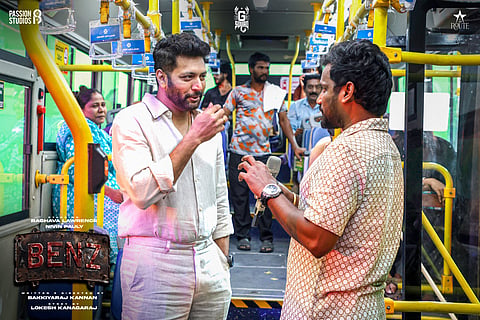 Actor Ravi Mohan with director Bakkiyaraj Kannan on the sets of upcoming Tamil movie 'Benz'